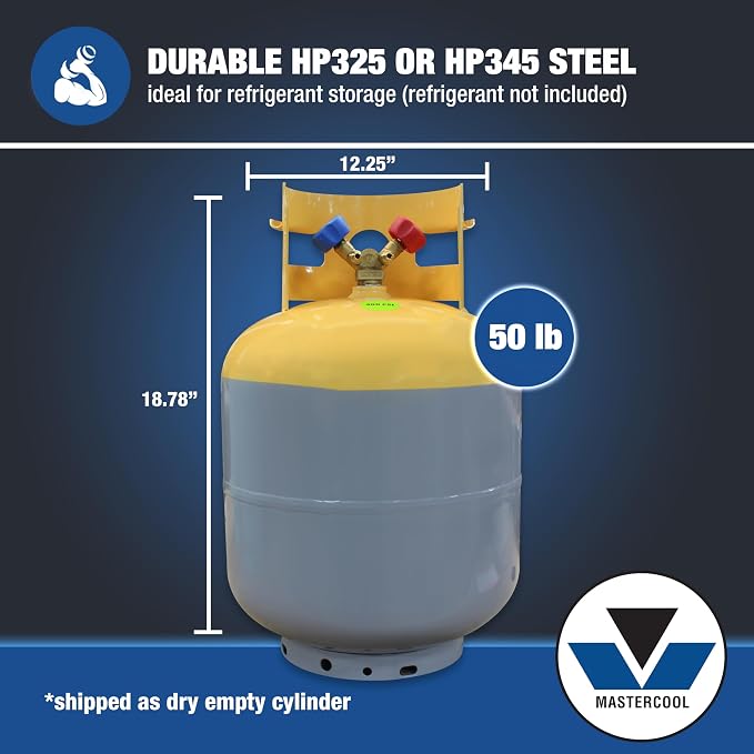 Mastercool 63010 50 lb Refrigerant Recovery Cylinder, DOT-Approved, 1/4" FL-M Connections, HP325/HP345 Steel, Yellow/Gray (No Refrigerant Included)