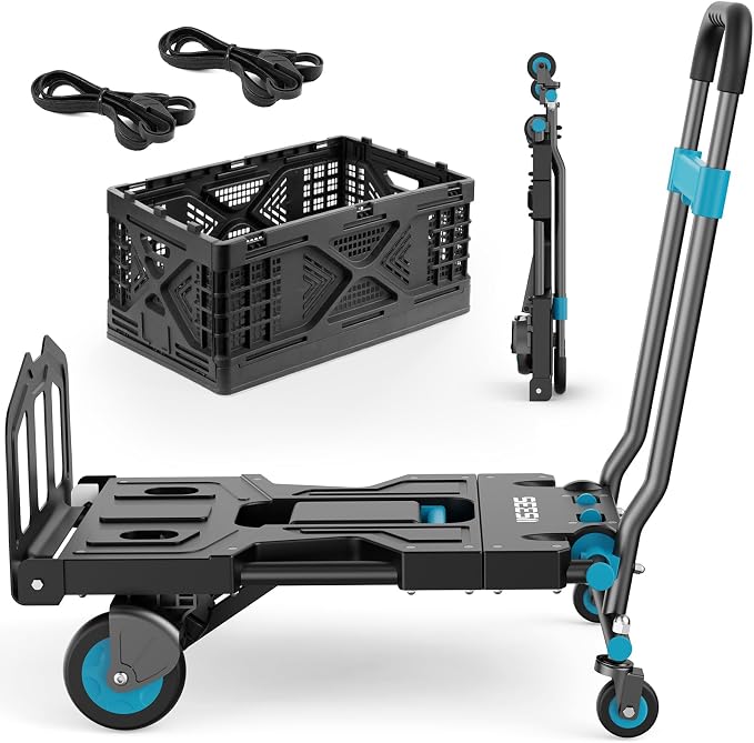 SEESII Foldable Dolly Cart with Folding Basket, 330 lbs Max Capacity Portable Hand Cart, 2-in-1 Heavy Duty Folding Hand Truck with Adjustable Retractable Handle for Moving, Delivery, Warehouse Use