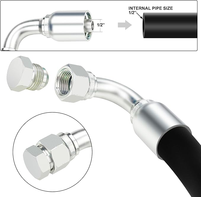 1/2'' Hydraulic Fittings 90 Degree, 1/2'' JIC × 1/2'' Hose, Size #08 Single Wire Hydraulic Hose Repair Kit, 10PCS