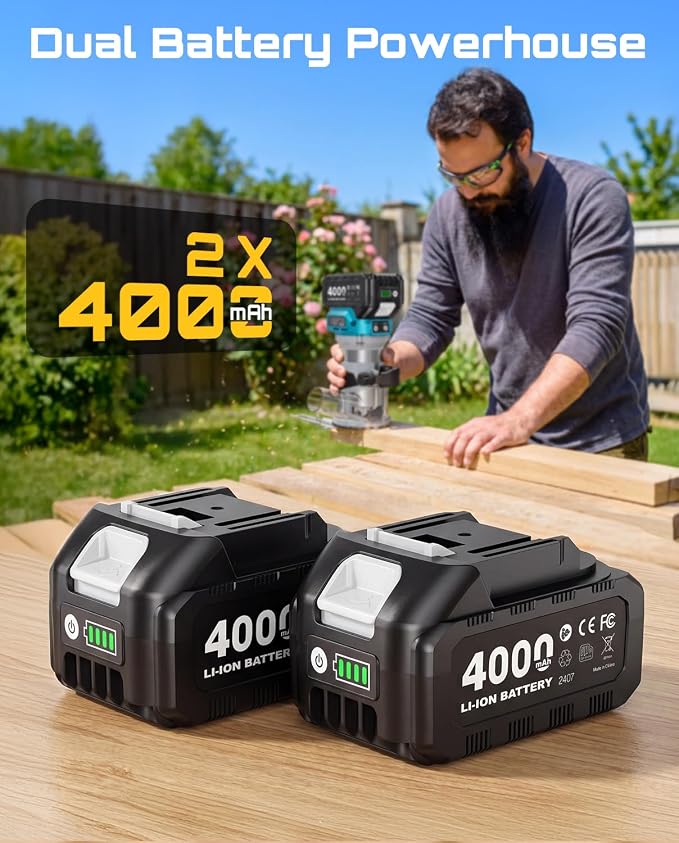 SEESII Cordless Wood Router, 21V Brushless Compact Palm Router with 2×4.0Ah Battery, Aluminum Base, LED Display, Dust Extraction, 6-Speed Adjustment & 8PCS 1/4"Router Bits, Trimmer for Woodworking