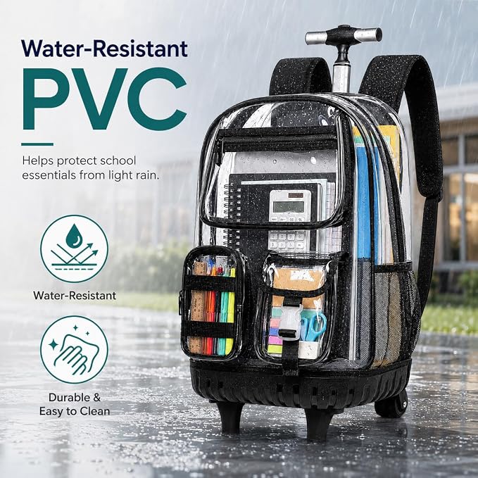 CCJPX 3Pcs Clear Rolling Backpack for Girls Women, Heavy Duty PVC Transparent Wheeled Bookbag, See Through School Bags with Wheels for Teens Elementary Travel - Black