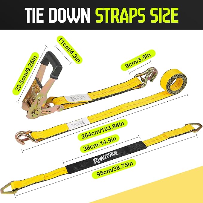 4 Pack Car Tie Down Straps for Trailers - 2" x 10' Ratchet Straps with J-Hooks and 2" x 38'' Axle Straps 10,000lbs Break Strength Heavy Duty Car Hauler Tire Straps for Car, Trailer, UTV Transport