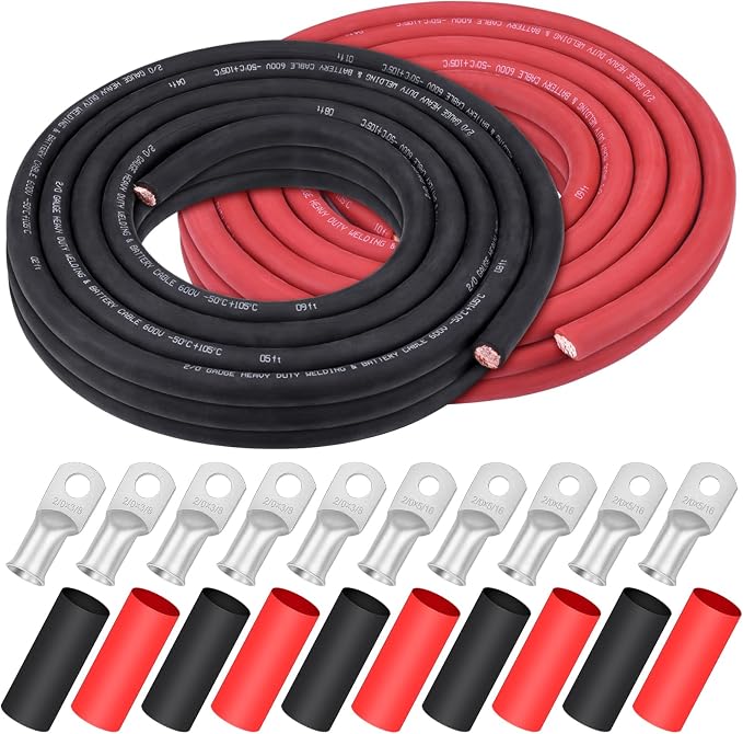 2/0 Gauge Battery Cable,iGreely 30 Ft Black + 30 Ft Red 2/0 AWG Copper Welding Wire for Auto Inverter Solar Rv, 5pcs of 5/16""& 5pcs 3/8"" Copper Lug Terminal Connector with Heat Shrink Tubing