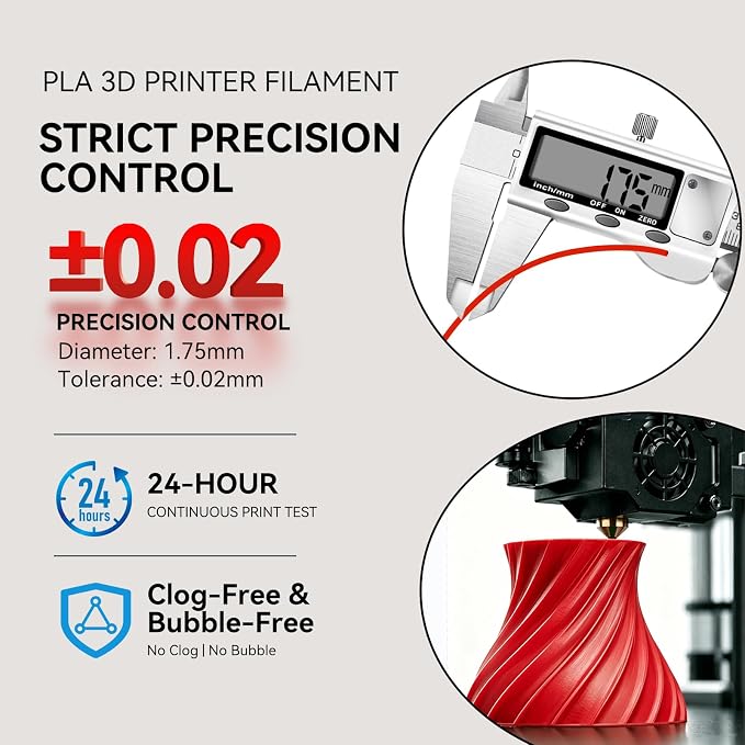 Kingroon PLA 3D Printer Filament, Dimensional Accuracy +/- 0.02 mm, 1 kg Spool(2.2lbs), 1.75 mm，Red