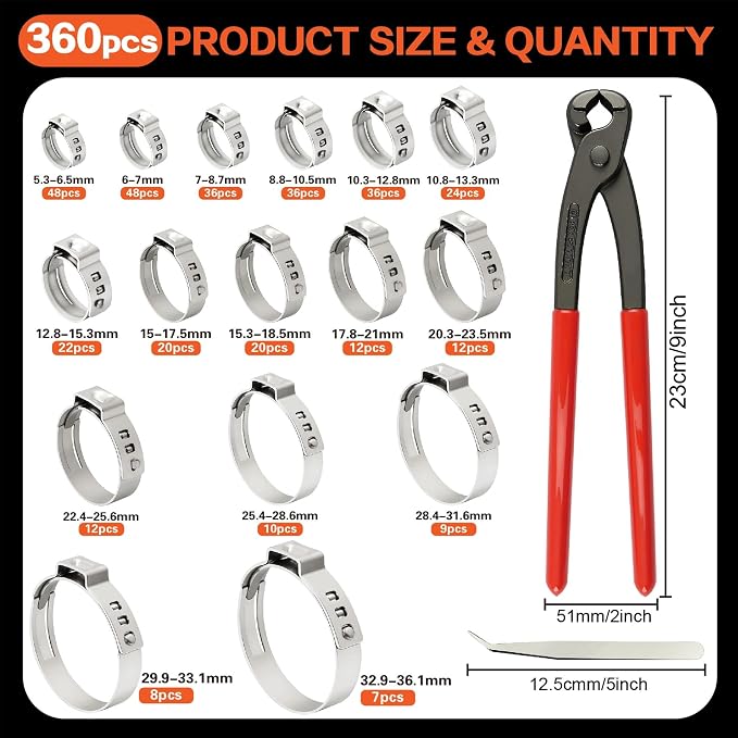 360PCS 16 Sizes Single Ear Hose Clamp Assortment Kit, 5.3 to 36.1mm 304 Stainless Steel Stepless with Clamp Crimp Plier & Tweezers For Fuel Line,Pipe, Automotive and Home Appliances