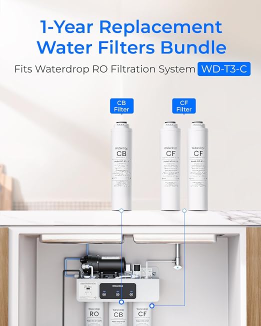 Waterdrop RT-2CFCB Filter, Replacement for Waterdrop T3-C Tankless Reverse Osmosis Water Filter System (𝐂𝐅*𝟐 + 𝐂𝐁*𝟏), 1-Year Combo