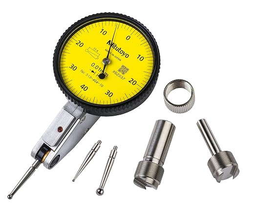 Mitutoyo 513-404-10A Dial Test Indicator, 0.8 mm Range, 0.01 mm Graduation, 3 µm Accuracy, Yellow Dial, Contact Length, Scratch-Resistant Crystal, Impact-Resistant Gears, Inspection Certificate | 0.01mm Graduation, 3m Accuracy, Scratch-Resistant Crysta...
