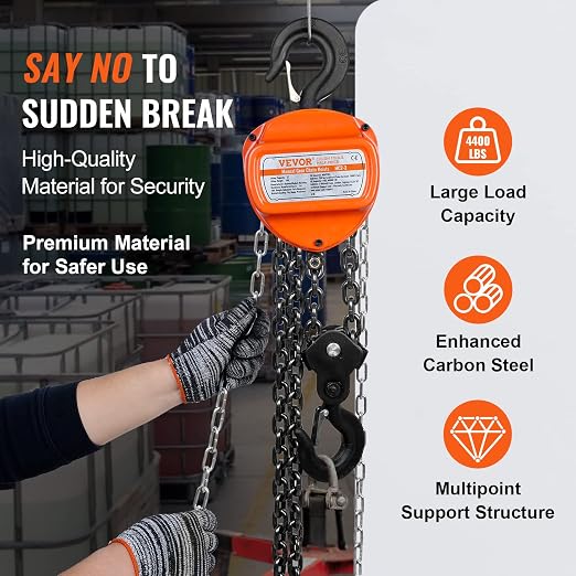 VEVOR Hand Chain Hoist, 2 Ton 4400 lbs Capacity 10 FT Come Along, G80 Galvanized Carbon Steel with Double-Pawl Brake, Auto Chain Leading & 360° Rotation Hook, for Garage Factory Dock
