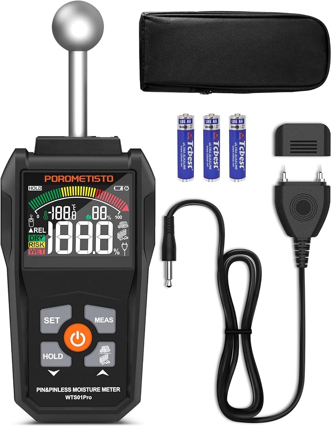 Moisture Meter, POROMETISTO Pin & Pinless Moisture Meter – Dual Mode Wood Moisture Detector for Walls, Drywall, Firewood & Concrete, Digital Moisture Meter with Color Screen & Alarm