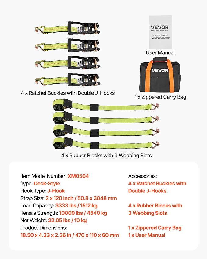VEVOR Wheel Chock Tie-Down Kit, Deck-Style Trailer Tie Down Strap, Car Tie Down Kit with J-Hook, Break Strength 10009 lbs & Working Load 3333 lbs Motorcycle System for SUVs, Trailers, Trucks
