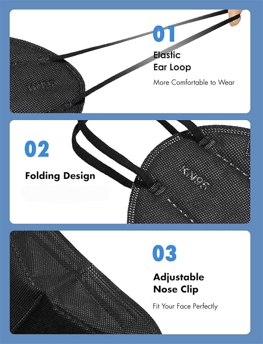 LEMENT 25pcs KN95 Face Mask Black 5 Layer Cup Dust Safety Masks Filter Efficiency≥95% Breathable Elastic Ear Loops Black Masks