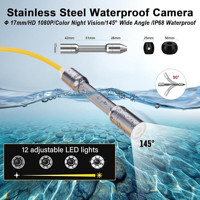 Sewer Camera, 4.3" Pipe Snake Camera with DVR Function, Drain Plumbing Inspection with LED Light, 17mm/0.67in Waterproof Industrial Endoscope for Home Wall Duct Drain Pipe (20m/65ft)