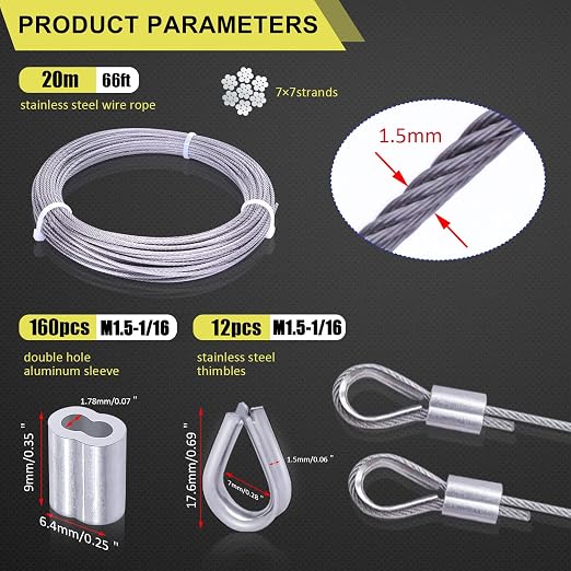 Twidec/Wire Rope Crimping Tool Up to 2.2mm with 160PCS 1/16''Aluminum Crimping Loop Sleeve 255PCS Aluminum Crimping Loop Sleeve and 304 Stainless Steel Wire Rope Cable