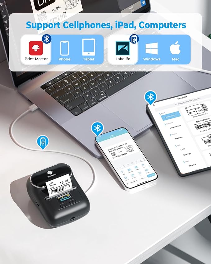 Phomemo Label Printer M110- Upgraded Address Label Maker Bluetooth Barcode Printer No Ink Portable for Small Business, Address, Office, Home for Phone; for PC/Mac(USB), with 100 Labels, Ebony Black