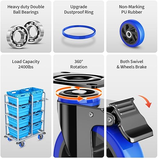 5 Inch Caster Wheels Heavy Duty Swivel Casters Set of 4 with Dual Locking,Industrial Plate Casters, Locking Casters Wheels for Furniture,Workbench(Free Hardware Kit)