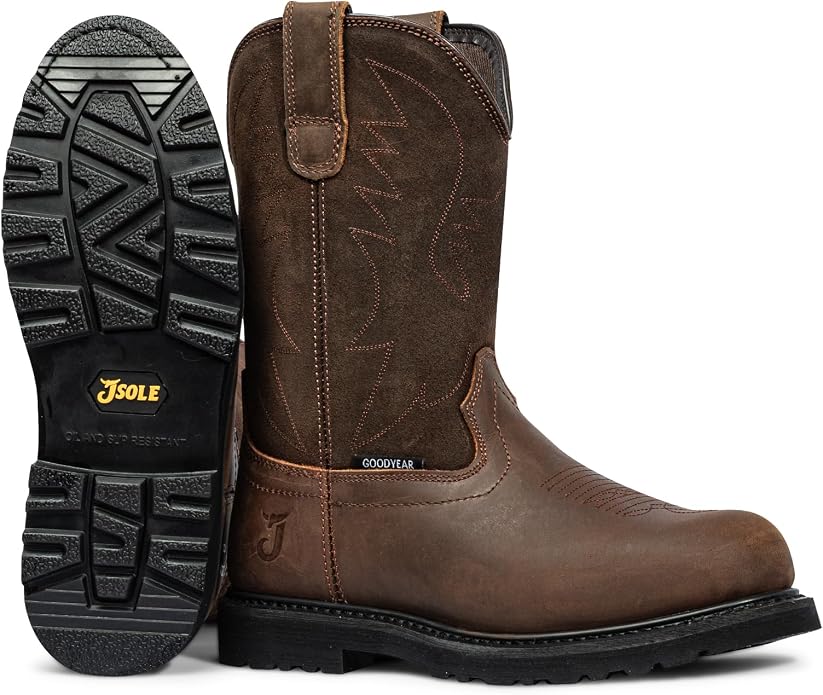 J‘s.o.l.e Men's Cowboy Work Boots Leather Goodyear Welt Non-Slip Rubber Outsole Round Toe Pull-On Brown – Steel Toe & Soft Toe Options