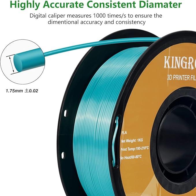 Kingroon Silk PLA Bundle 3D Printer Filament, Dimensional Accuracy +/- 0.03 mm, 10 kg Spool(22lbs), PLA Shiny Filament 1.75 mm（2Gold+Orange+Green+Red+Yellow+Blue+Purple+Silver+Copper, Silk PLA