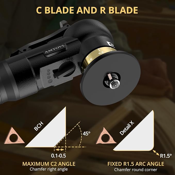 AMTOVL Pneumatic Chamfering Tool - Mini Air Chamfer Tool with 10 C-Angle & 10 R-Angle Blades, 45° 30000 RPM Chamfering Tool for Metal and Wood with 1/4" Air Inlet