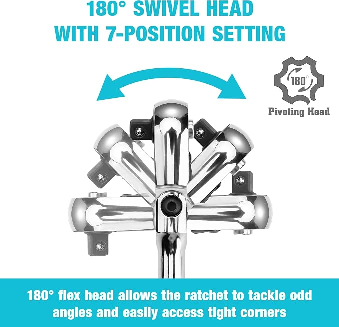DURATECH 1/4-Inch Drive Flex-Head Ratchet, 90-Tooth Quick-Release Ratchet Wrench with 180° Pivoting Head and 7-Position Setting, Reversible, CR-V Made, CR-MO Head, 4° Swing, Full Polished, Men Gifts