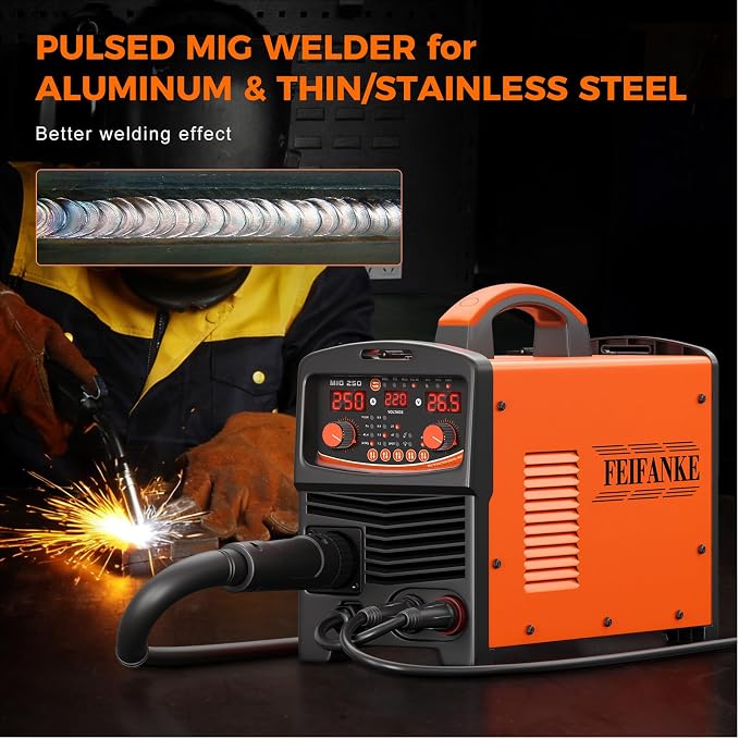 250A Aluminum Pulsed MIG Welder 110V/220V, 6 in 1 Gasless Flux Core MIG/Gas MIG(MAG) /Single Pulse MIG/Lift TIG/Stick/2T 4T Spot Multiprocess Welder with Synergic/Manual Control Welding Machine