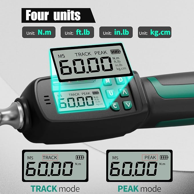 3/8" Digital Torque Wrench 1.33-44.25 ft-lb/1.8-60 Nm, ±2% Accuracy, LED & Buzzer Alerts, 4 Units, Industrial CR-V Steel, Calibration Report & Protective Case for Car, Motorcycle, Bike Repair