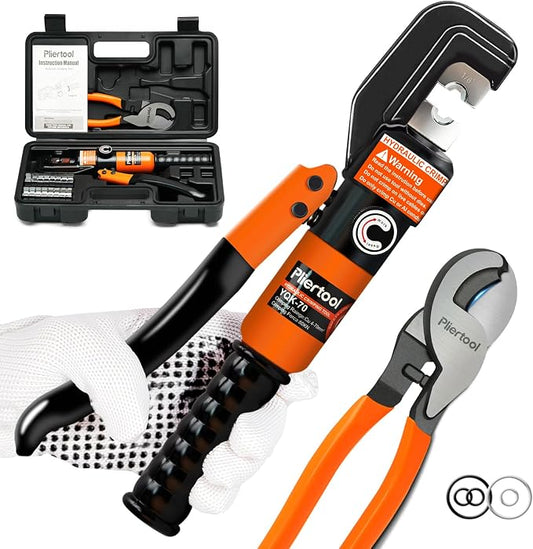 10 Ton Hydraulic Battery Cable Crimper with 9 Dies - Hydraulic Crimper Tool with Dual-Blade Weir Cutter & Spring-Loaded Handle Crimper Kit for 12-2/0 AWG, 1/8" Stainless Steel Railing