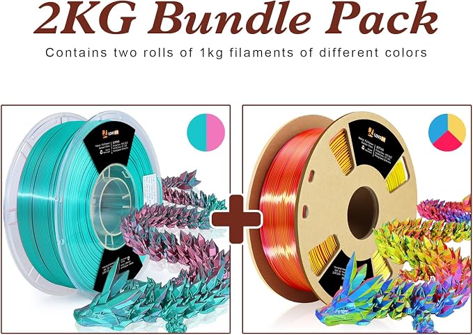 LOVOON Silk PLA 3D Printer Filament Bundle 2 KG, PLA Filament 1.75mm, Shiny Silk Blue/Yellow/Red and Blue/Pink Change by Angle, 3D Printing Filament for Most FDM Printers and 3D Pen, 1KG X 2 Spools