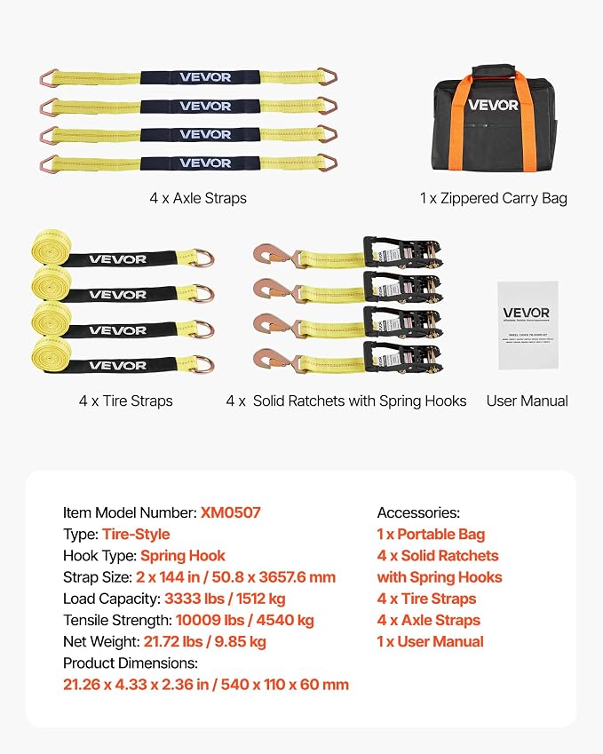 VEVOR Wheel Chock Tie-Down Kit, Tire-Style Trailer Tie Down Strap, Car Tie Down Kit with Spring Hook, Break Strength 10009 lbs & Working Load 3333 lbs Motorcycle System for ATV, SUV, Trailer