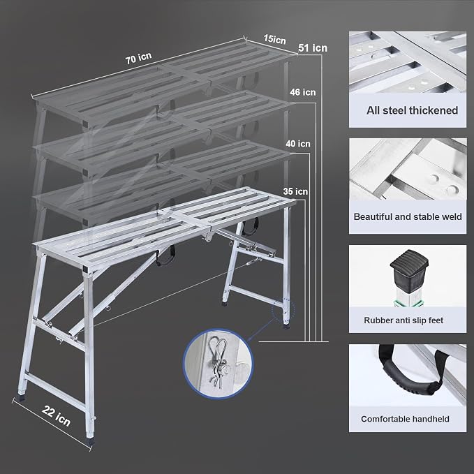Adjustable Work Platform with 800 lb Duty Rating, Steel Step Ladder, Portable Folding Scaffolding Platform for RV Cleaning High Painting Walls, Drywall, Decorating (180 CM)