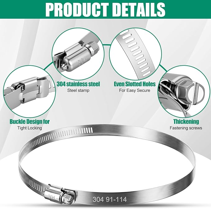 Zhengmy 60 Pack 4 Inch Stainless Steel Hose Clamps Adjustable 3-29/50" to 4-49/100" 91-114 mm Worm Gear Clamps Duct Clamp for Air Duct Automotive Fuel Dryer Vent Plumbing Industrial Use