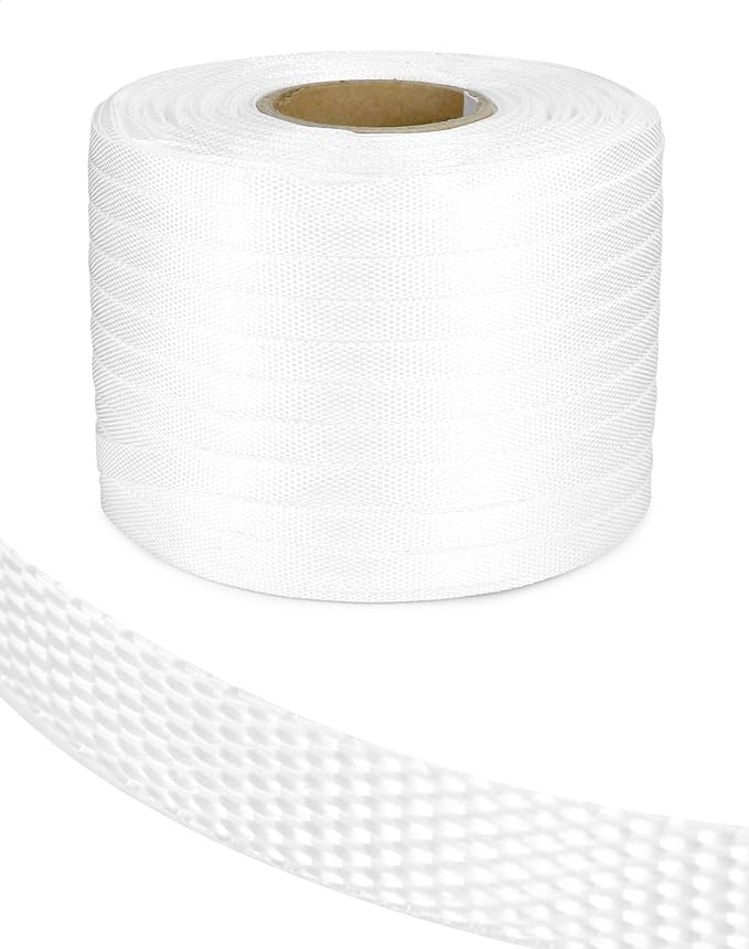 QWORK 1/2" x 1500' Woven Cord Strapping Roll, Heavy Duty Polyethylene Braided Rope Strap Roll, 1300 lb Strong Break Strength 6" x 3" Core, Strength and Flexibility Poly Cord Strapping, White