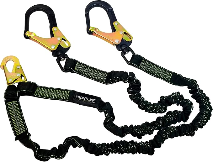 Frontline LIS62RA Elastic Double Leg 6' Lanyard with Aluminum Rebar Hooks | Twin Lanyard 1 Snap Hook and 2 Rebar Hook Ends | ANSI & OSHA Compliant Fall Protection | 6000 lbs. Min. Breaking Strength