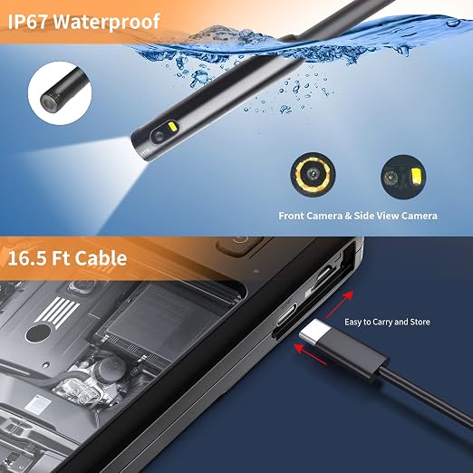 1080P HD Dual Lens Endoscope, Borescope Inspection Camera with Light, Waterproof, Black, 4.3'' IPS Screen, 16.5 Ft Semi-Rigid Cable, USB Connectivity
