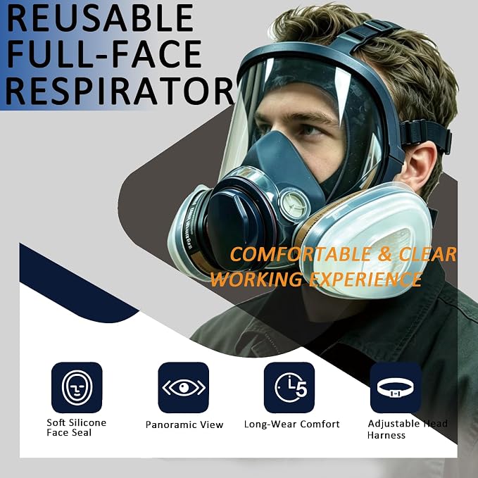 Reusable Full Face Respirator Mask, Anti-Fog Clear Lens, Anti-Paint Adhesion Safety Mask with Filters for Spray Painting, Welding, Polishing, Construction & Chemical Industrial Work