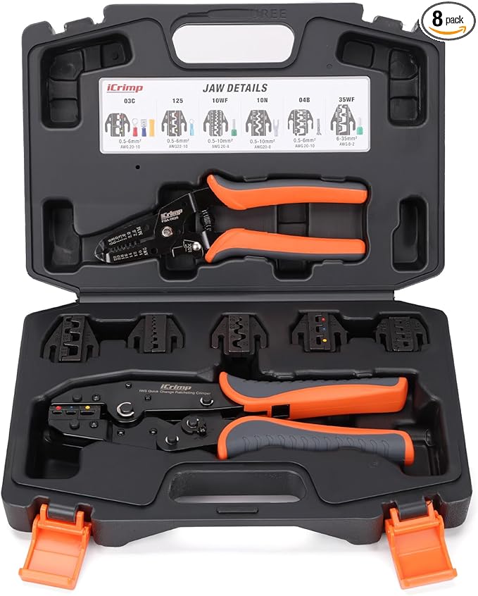 iCrimp Ratcheting Crimping Tool Set 8 PCS - Quick Exchange Jaw for Heat Shrink, Open Barrel, Insulated and Non-Insulated Ferrules AWG 20-2