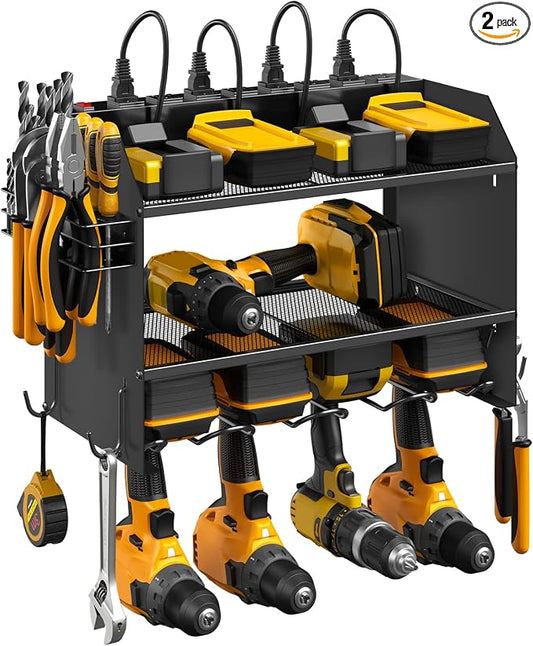 CCCEI Wall Mount Modular Tool Charging Organizer, Black, 2 Pack, 3 Tier. | Drill Battery Storage Rack with Hooks, Garage Workshop, Gifts for Men, Dad, Husband Anniversary, Birthday, Christmas