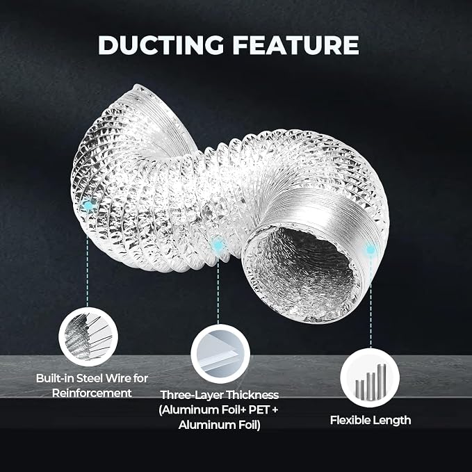 Simple Deluxe 4 Inch 8 Feet Ducting, Non-Insulated Flex Air Aluminum Foil Duct for Dryer Vent Hose, Heating, Cooling, Ventilation, Exhaust, 2 Clamps Included, Silver