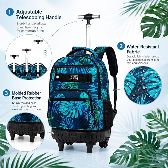 3Pcs Rolling Backpack for Boys Men, Travel Roller Backpacks with Wheels for Adults, Teens College Leaf Wheeled Bookbag with Lunch Box(Green)