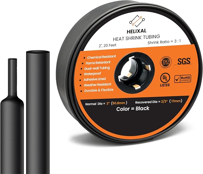 2" Heat Shrink tubing, 3:1 Ratio Wire Heat Shrink Tubing Industrial and Marine Grade, Dual Wall Adhesive Lined Wire Shrink Wrap Tubing, Waterproof Heat Shrink Tube - Black, 20 Feet Roll