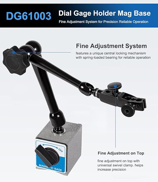 DG61003 Replacement Dial Indicator Magnetic Base Stand, Heavy Duty Magnetic Indicator Holder with Metal Fine Adjustment | Universal Holder for Dial & Test Indicators, 176 lb Magnetic Base, Articulating Arm for CNC Machining Inspection