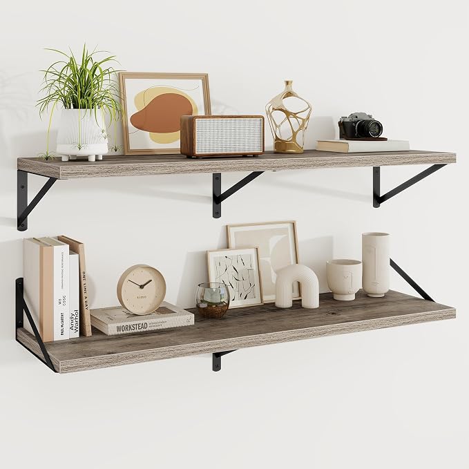Floating Shelves 12 Inch Deep, 48W x 12D Wall Shelf Set of 2, 70 lbs Heavy Duty Reversible Metal Brackets, Deep Industrial Book Shelf for Living Room Kitchen Bath Bedroom Coffee Bar, Grey