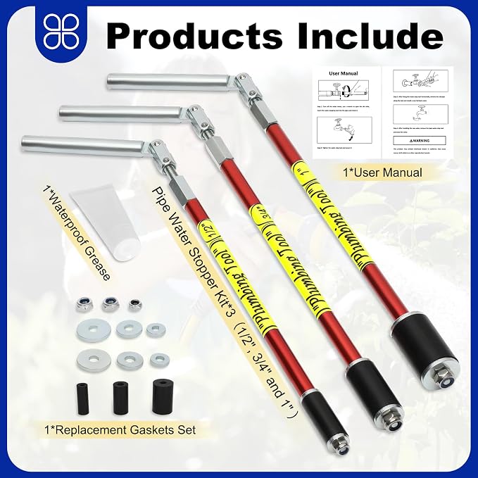 2062 Plumbing Plug Tool Kit, Water Stopper for Pipes 1/2", 3/4", 1" Sized Pipes, with Replacement Parts Gasket Nut, Plumbing Plugs for Fast Water Line Repairs, Without Drainage