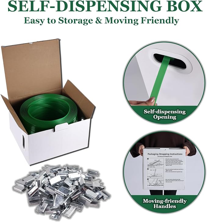 Packaging Strapping, Pallet Straps, Banding Strap (5/8" x 1500 ft x 0.035" PET Polyester Coil Roll and 100 Buckles) - Certified 1200 lbs Break Plastic Strap