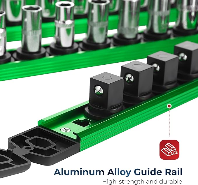 Reniteco Magnetic Socket Organizer, 1/4" Drive Aluminum Alloy Socket Rail, Heavy Duty Magnetic Socket Holder with 14PC 360° Swivel Removable Clips, Magnetic Socket Rack for Tool Box Drawer, Green