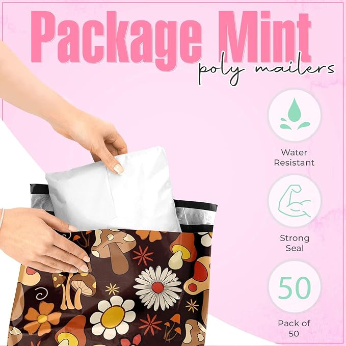 10x13 Poly Mailers – Cottagecore Mushrooms – Waterproof, Tear-Resistant Shipping Bags with Adhesive Seal – 50 Pack – Package Mint