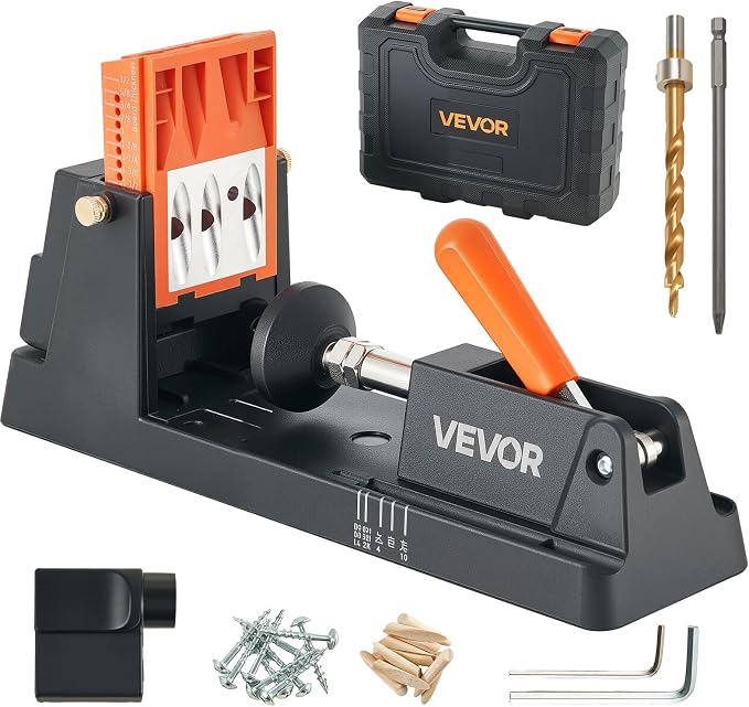 VEVOR Pocket Hole Jig Kit, 1/2" to 1-1/2" Adjustable, Lightweight Jig Pocket Hole System with Dust Collection Adapter, Detachable Guide Block, Drill Bit, Stop Collar, Easy Adjusting, for Woodworking