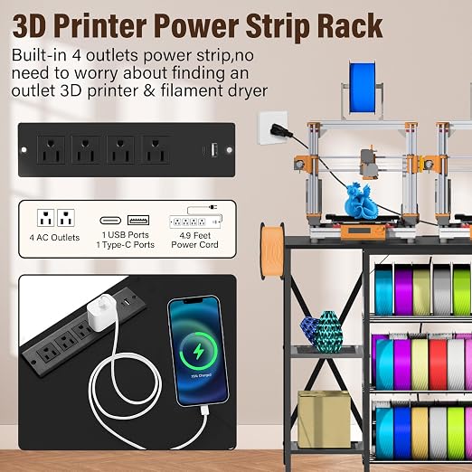 3D Printer Stand with Charging Station,Large 4-Tier 3D Printers Table with Holds 60+ Filament Storage and Storage Drawer,Filament Rack,Heavy Duty 3D Printer Desk for Workshop,Office and Garage,Black