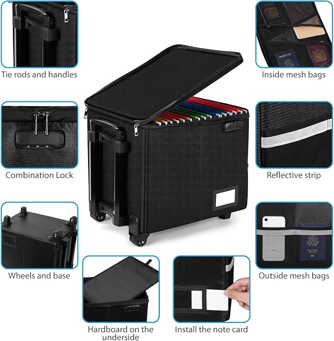 Fireproof Rolling File Box with Wheels for Letter & Legal Size Files | futaiphy Fireproof File Box with Wheels, Collapsible Rolling Fireproof Document Bag with Lock for Legal/Letter Size Files