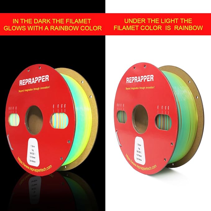RepRapper Glow in the Dark Green PLA Filament 1.75mm (+- 0.03mm) 2.2lb (1kg) for 3D Printer, Phosphorescent Glow PLA Rainbow, Multicolor