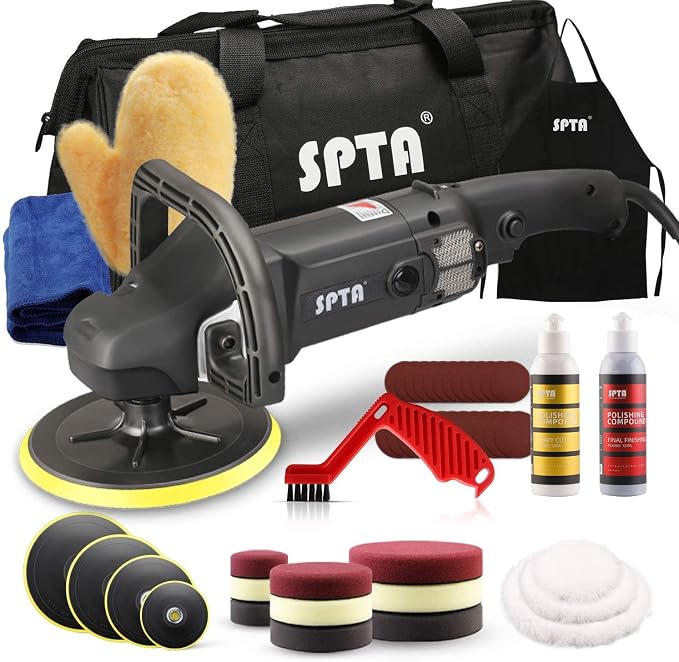 Buffer Polisher, SPTA 7 Inch 180mm Rotary Polisher Car Polisher Electric Polisher RO Polisher & Polishing Pads Set for Auto Buffing and Polishing